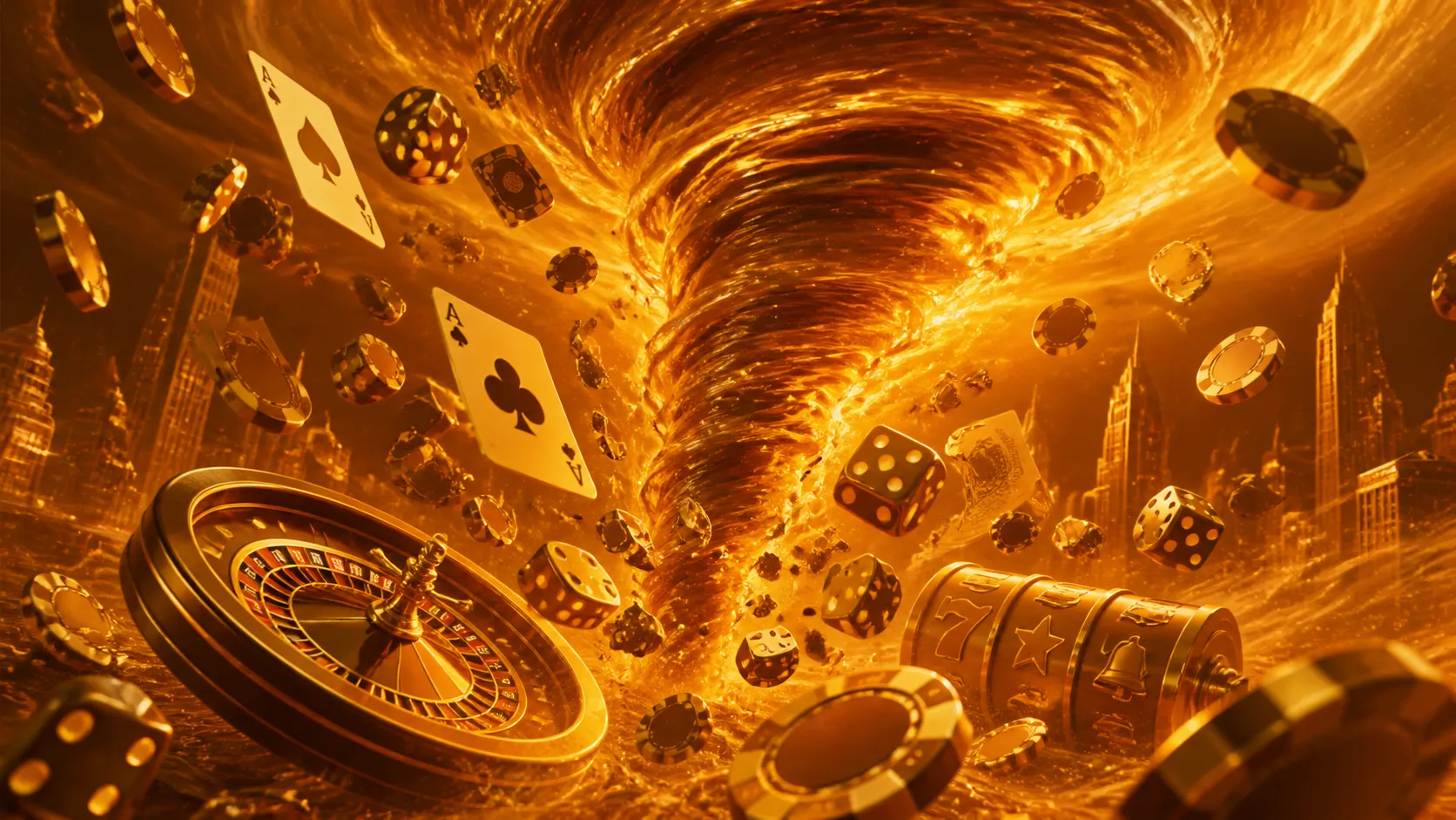 Glowing golden slot machine with treasure chest and playing cards in a luxurious casino setting, using only gold and amber co